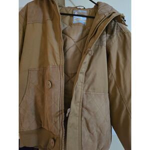Southpole Thick Coat Adj Hood Lined Elbows Pockets SZ S Khaki Brown Zip & Button